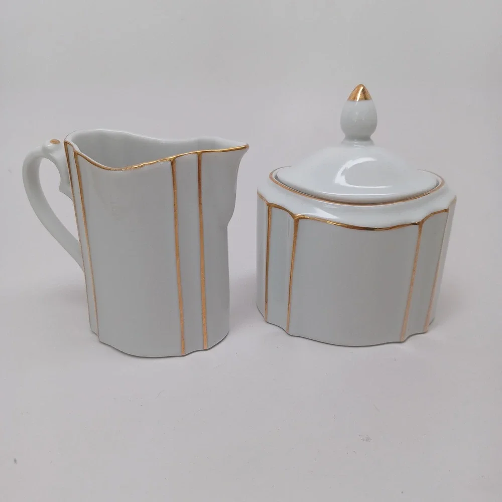 Lord & Taylor Vintage Porcelain Sugar Bowl and Creamer Set Gold Gilt Japan White